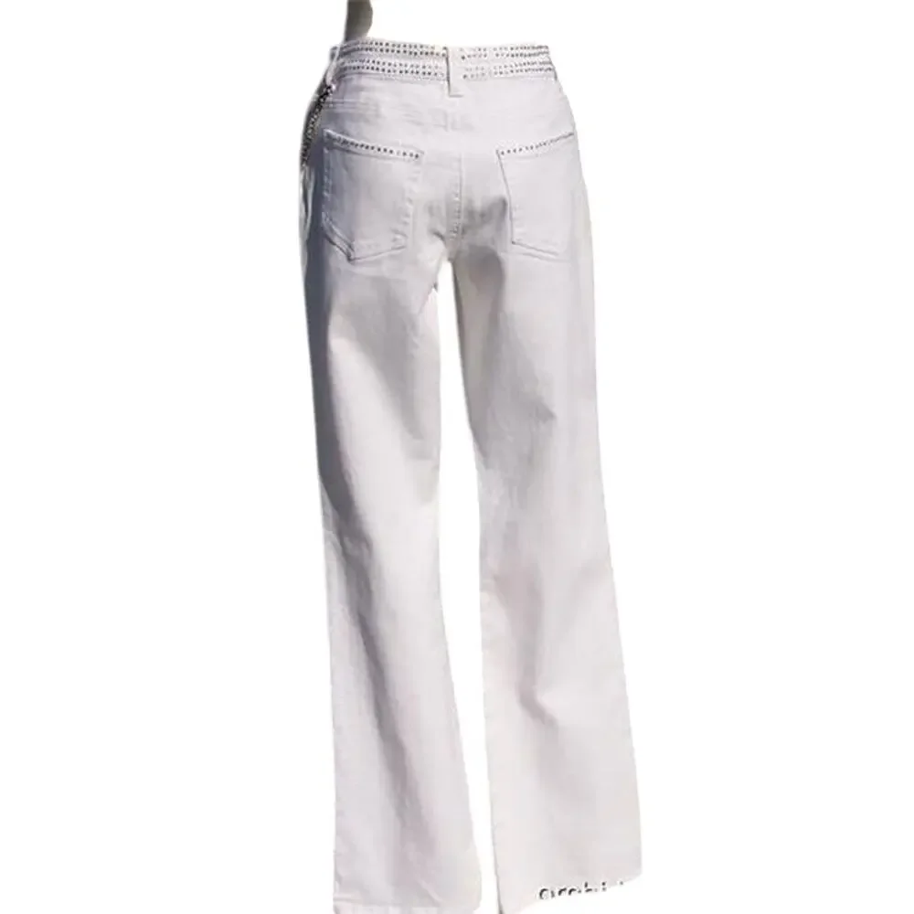 Cache White Denim Embellished Flare Jean Pant Rhinestone Chain Belt New $168 NWT - Picture 2 of 8